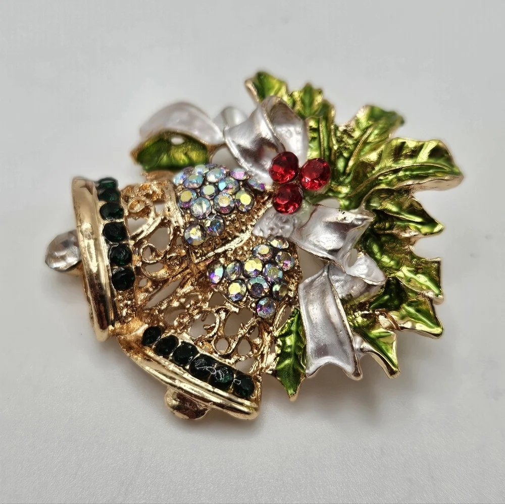 Rhinestone Accent Christmas Holiday Bells Gold Tone Brooch Pin Holiday